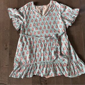 Pink Chicken Women’s Floral Printed Belted Short Sleeve Dress Ruffle‎ Tiered M